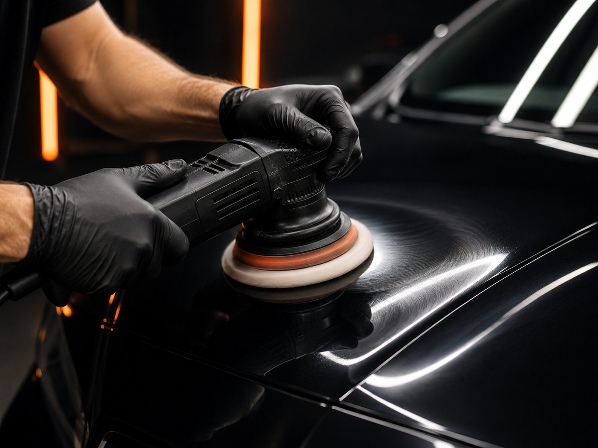 A detailer machine-polishing black paint to a high gloss