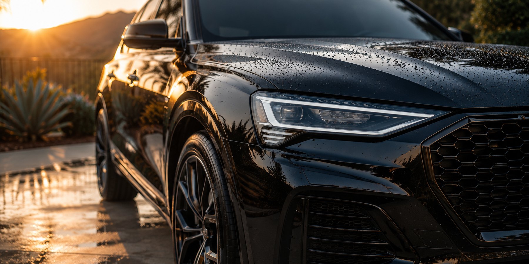 A detailed black SUV glistening at golden hour