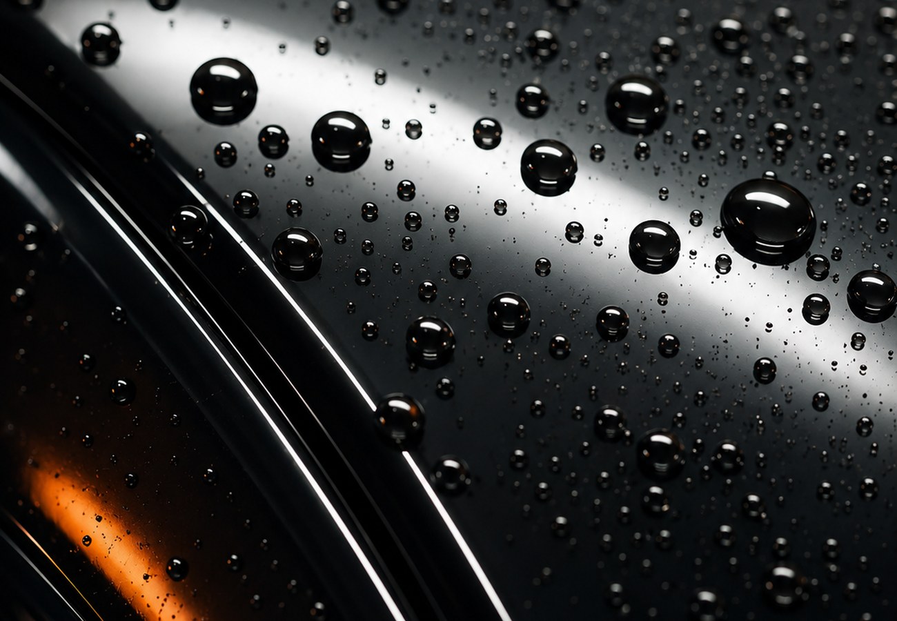 Water beading tightly on a freshly ceramic-coated black panel