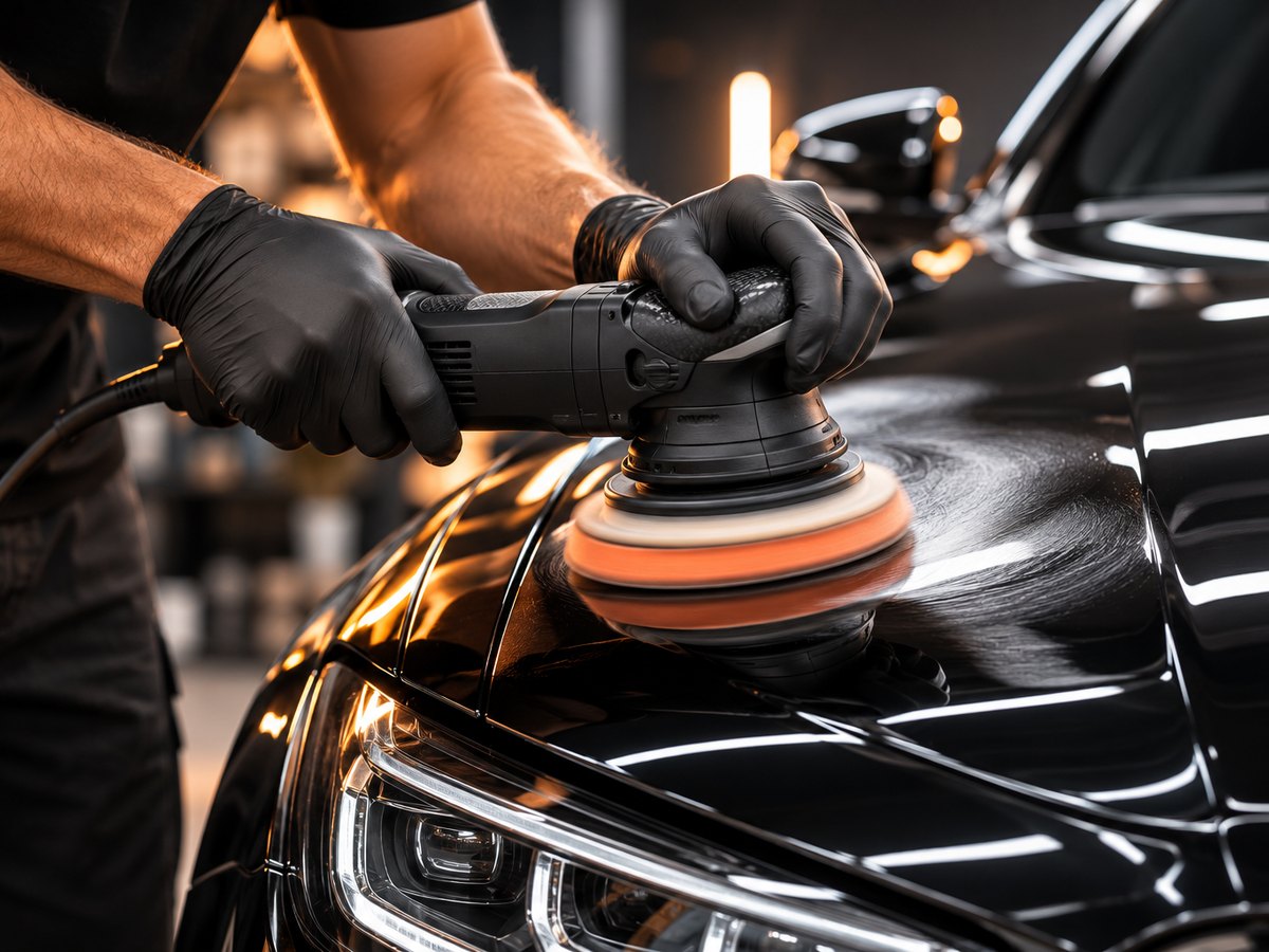 Gloved hands running an orange polisher across a black hood during paint correction