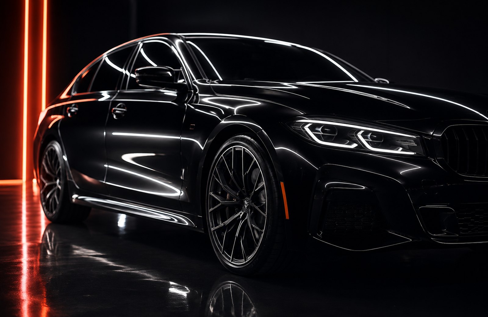 A black sports sedan glossy under studio light after a full detail