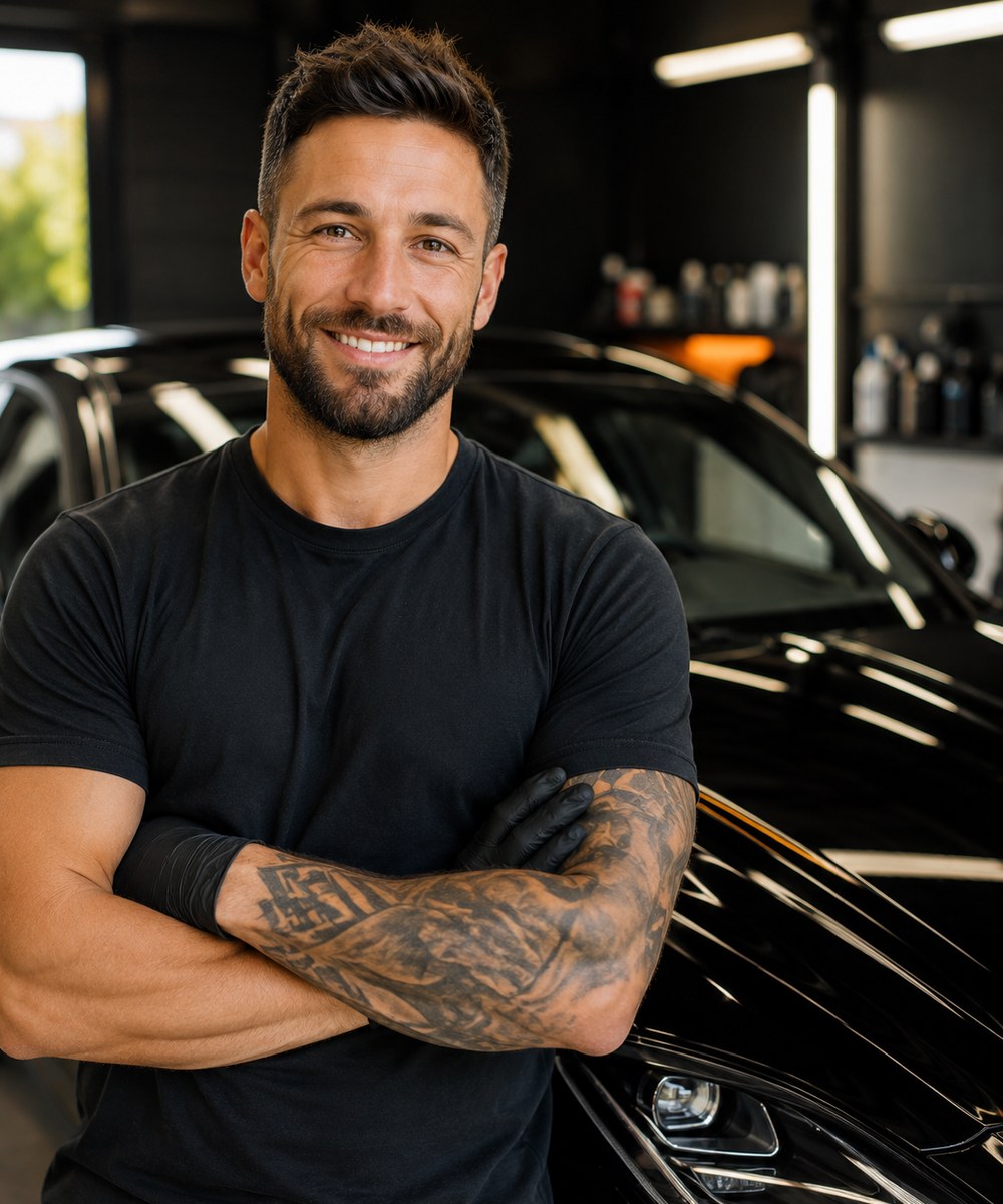 The owner of Onyx Detailing Co., a smiling detailer in a black tee, arms crossed, standing in his detailing shop